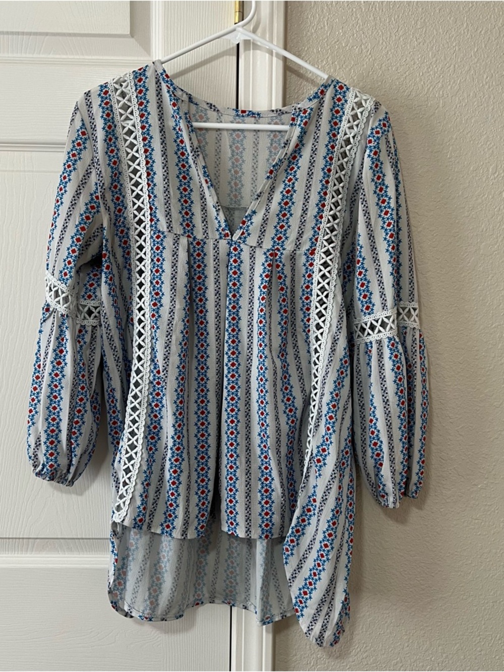 Boho Stripe Crochet Trim Tunic Blouse with Balloon Sleeves
